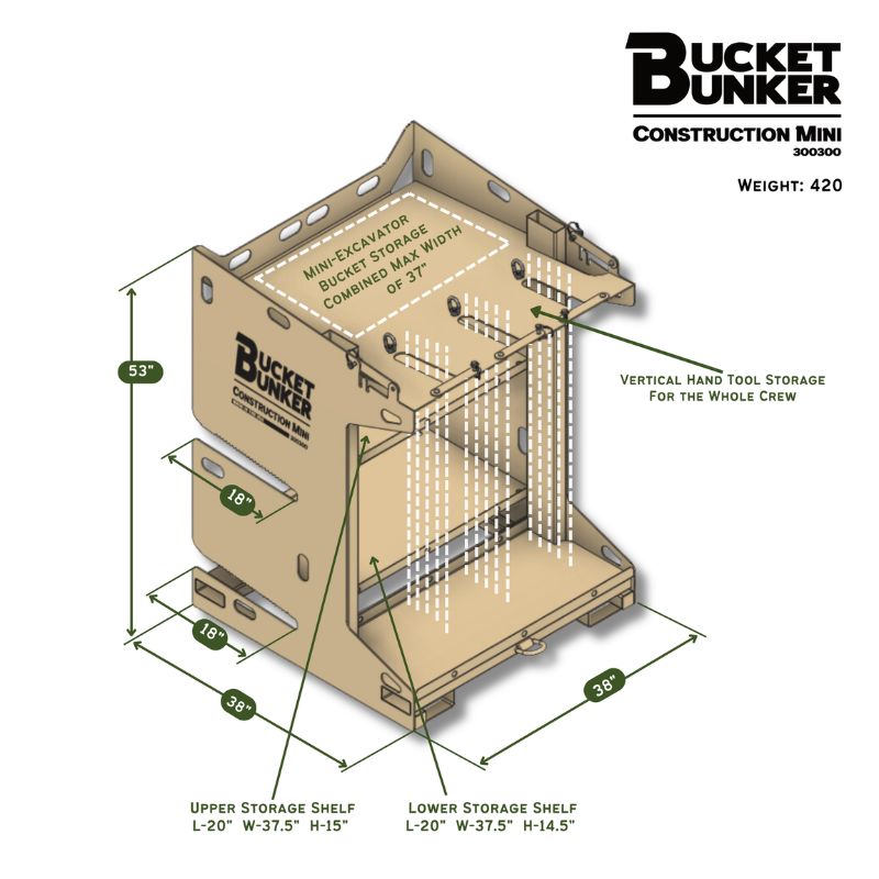 Technical drawing of the Bucket Bunker Construction Mini attachment on a white background