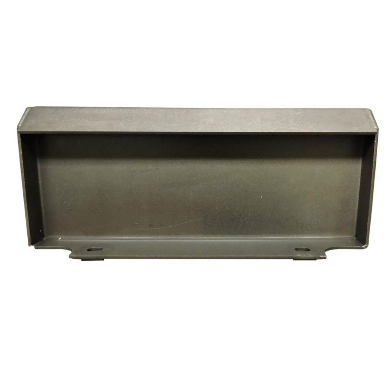 Gray steel John Deere compact tractor mounting plate with rectangular frame and bottom latch tabs