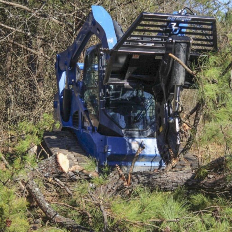 blue diamond tree shear in use by a skid steer in the forest