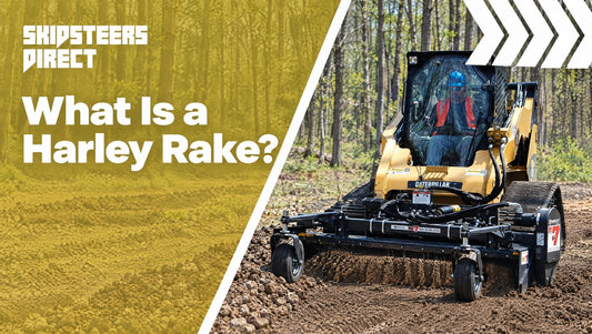 A skid steer running a harley rake power rake attachment across a bare dirt lot, finish grading the soil.
