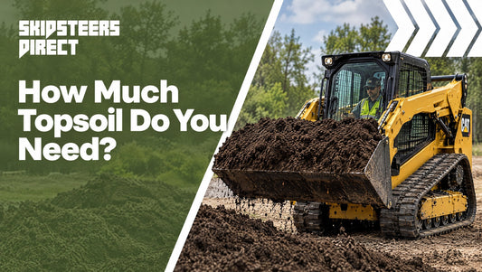  A skid steer bucket loaded with topsoil next to a measured, graded planting area.