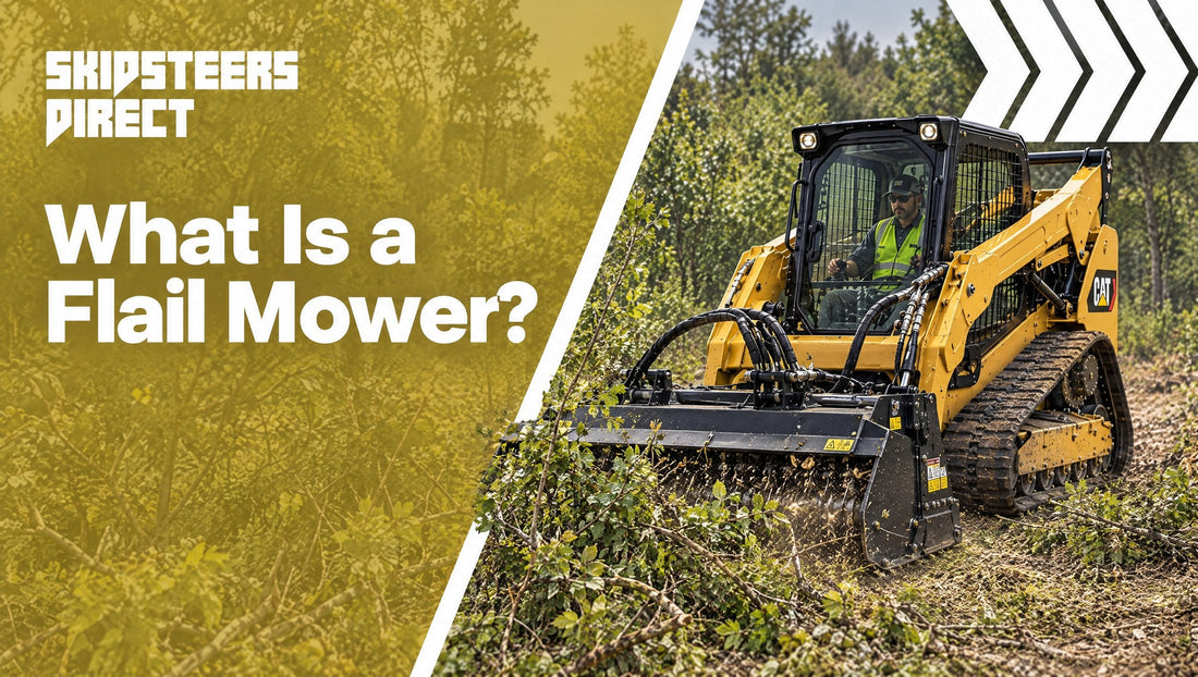 A skid steer running a flail mower attachment through thick brush and saplings.