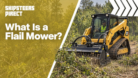 A skid steer running a flail mower attachment through thick brush and saplings.