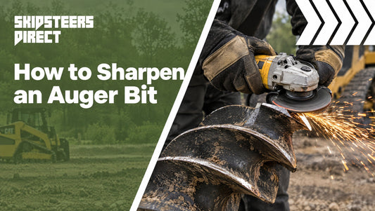 Close-up of a skid steer auger bit being sharpened with a hand grinder.