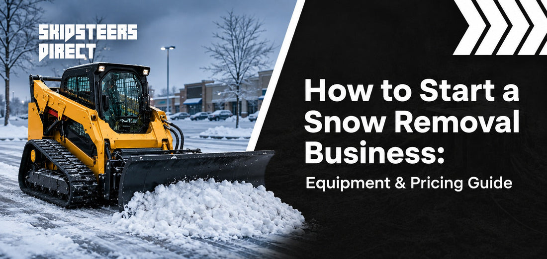  A skid steer with a snow pusher box clearing a commercial parking lot after a storm.