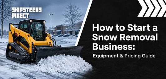  A skid steer with a snow pusher box clearing a commercial parking lot after a storm.