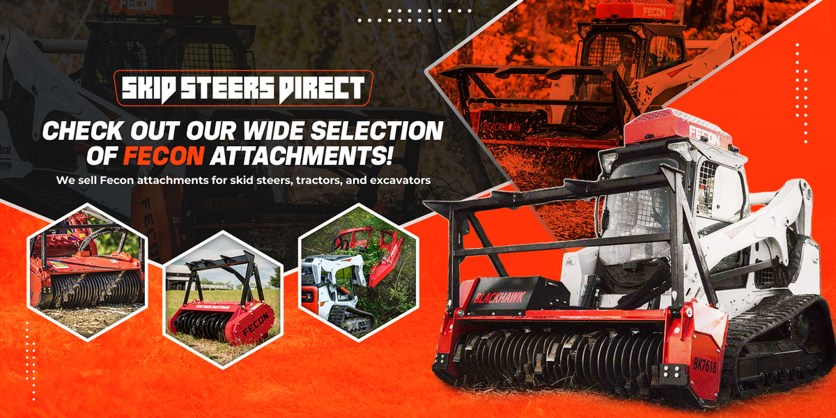 Banner showcasing Fecon attachments for skid steers, tractors, and excavators from Skid Steers Direct
