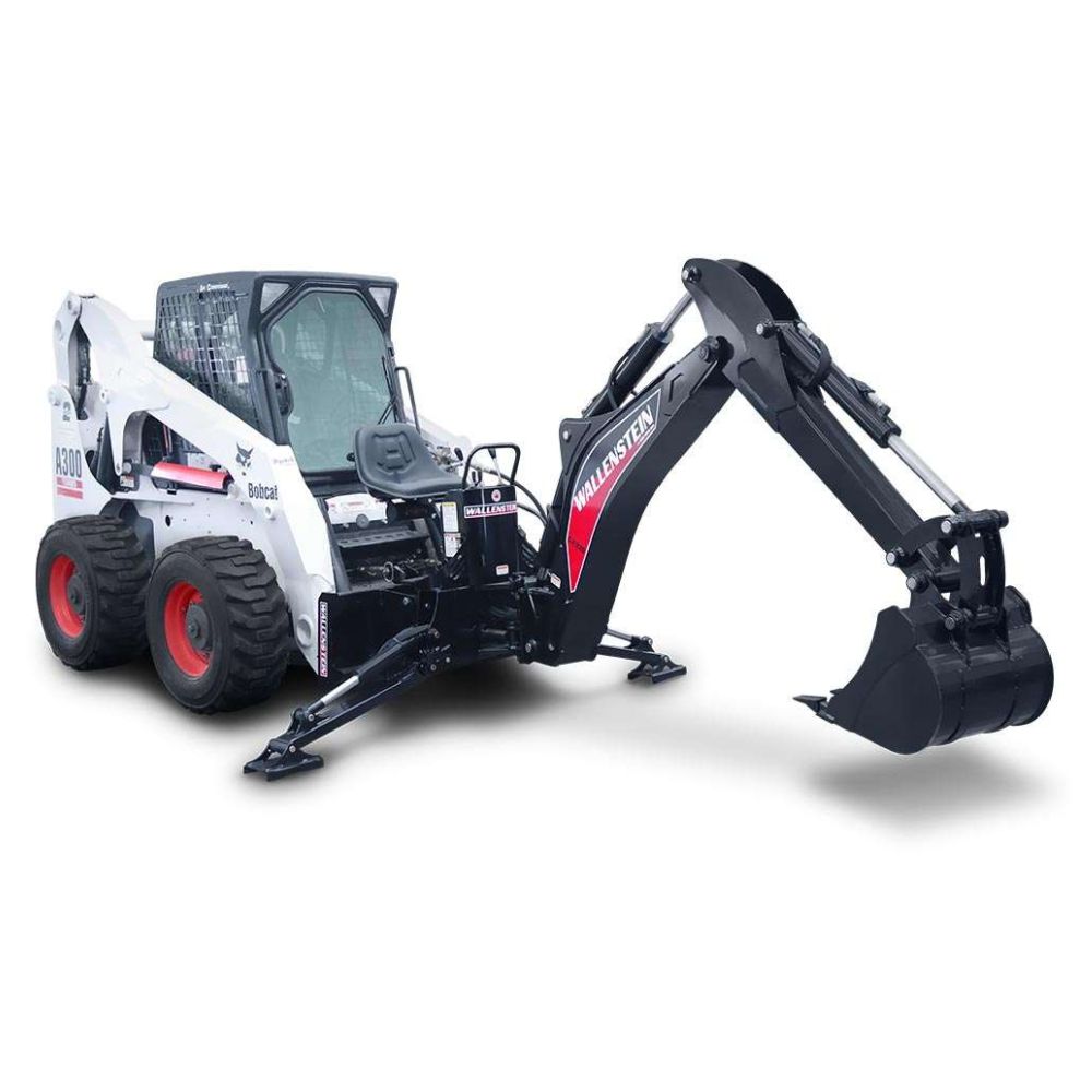 Bobcat-with-wallenstein-backhoe-attachment-in-a-white-background