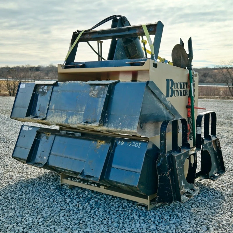 Bucket-bunker-storage-rack-sitting-on-gravel