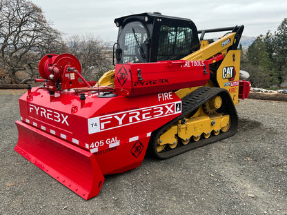 CAT track loader equipped with a red FYREBX T4 405-gallon firefighting blade