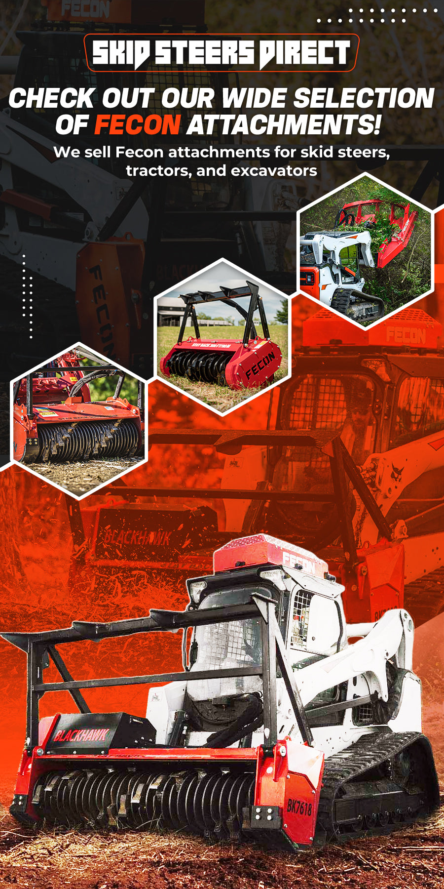 Banner showcasing Fecon attachments for skid steers, tractors, and excavators from Skid Steers Direct