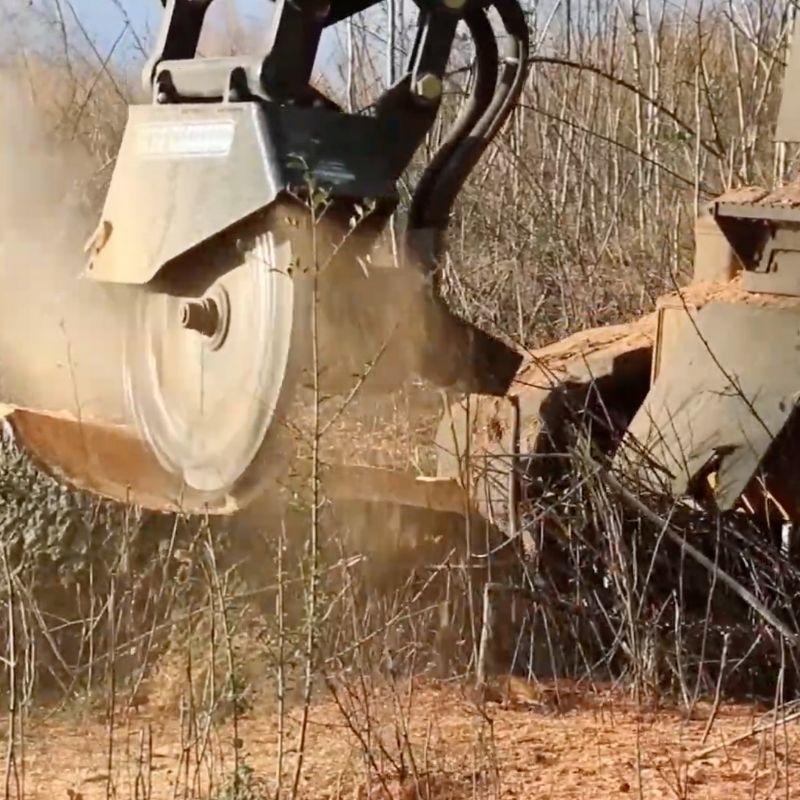 Grinding the tree stump with the Blue Diamond stump grinder attachment