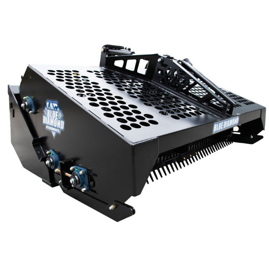Blue Diamond skid steer rock rake attachment angled side view with perforated top and rake tines