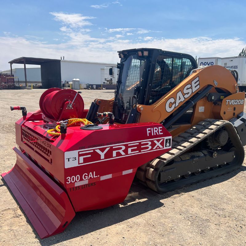 CASE TV620B skid steer with a FYREBX T3 300-gallon fire suppression attachment