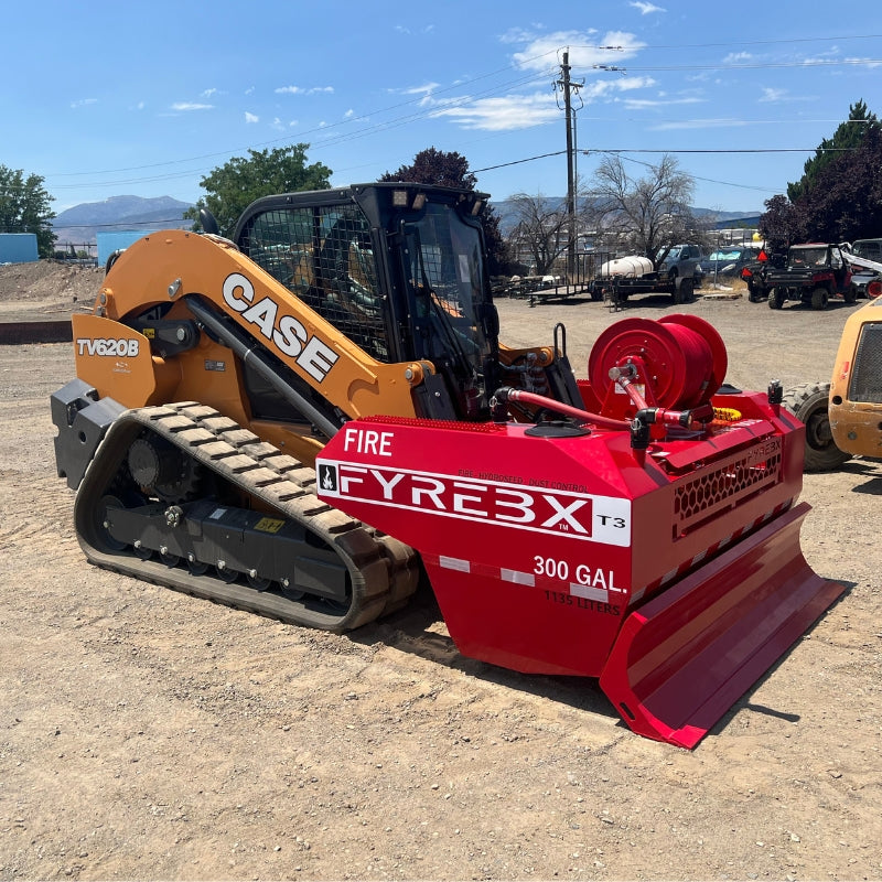 CASE TV620B skid steer fitted with a FYREBX T3 300-gallon fire attachment in a dirt lot