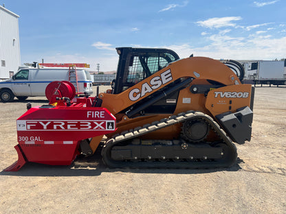 CASE TV620B skid steer with a red FYREBX 300-gallon fire attachment parked on a gravel lot