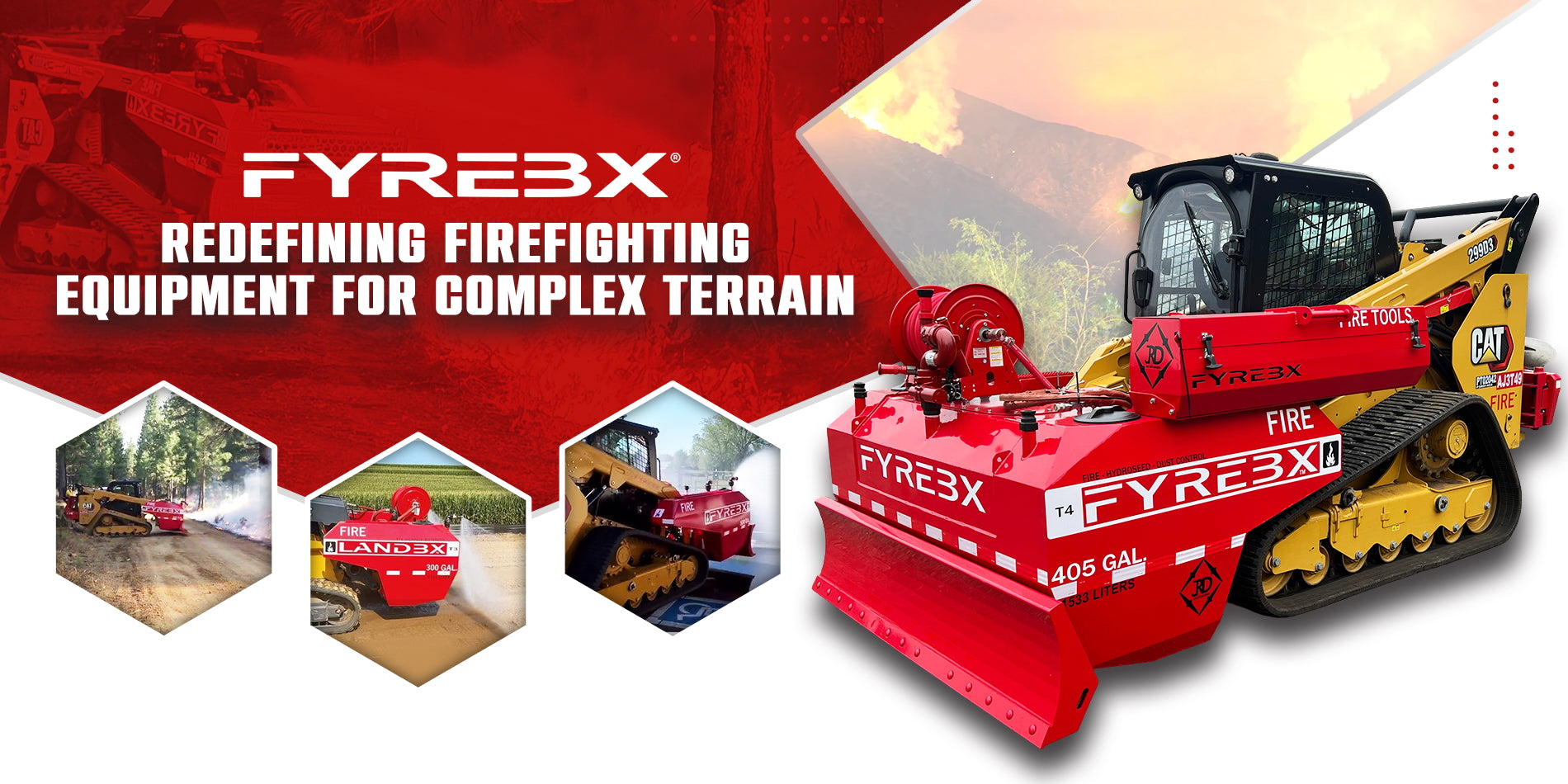 FYREBX banner showing a red firefighting dozer attachment on a CAT track loader with photos of the equipment in action