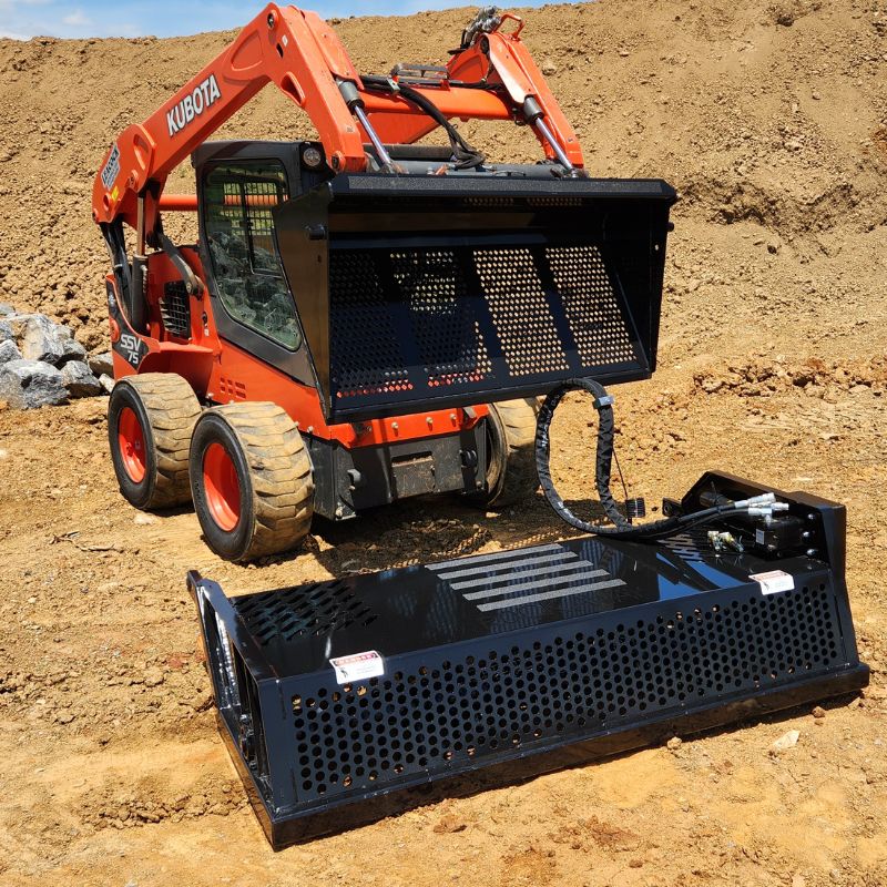 Kubota skid steer with Rockaway screening bucket attachment on a dirt jobsite