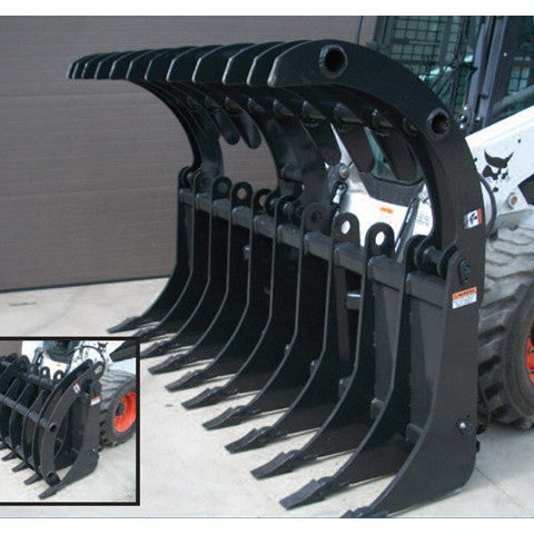 Clam style demolition grapple opened for skid steer from haugen