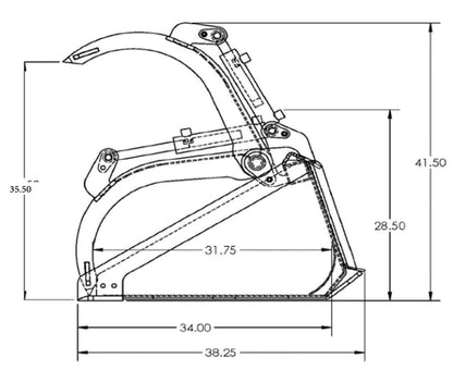 specs of the heavy duty low profile bucket with grapple attachment by top dog