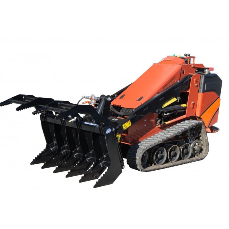 mini skid steer with the blue diamond mini rake grapple